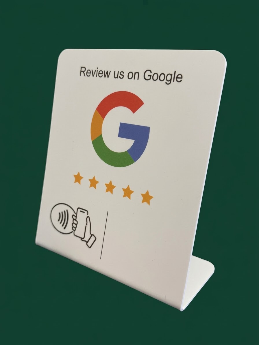 ستاند تقييم Google بزاوية تُظهر القاعدة